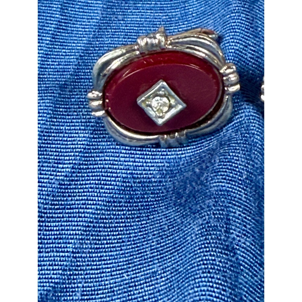 Vintage Silver Tone Red Stone Rhinestone Oval Cufflinks Mens Formal Accessory - Picture 3 of 6